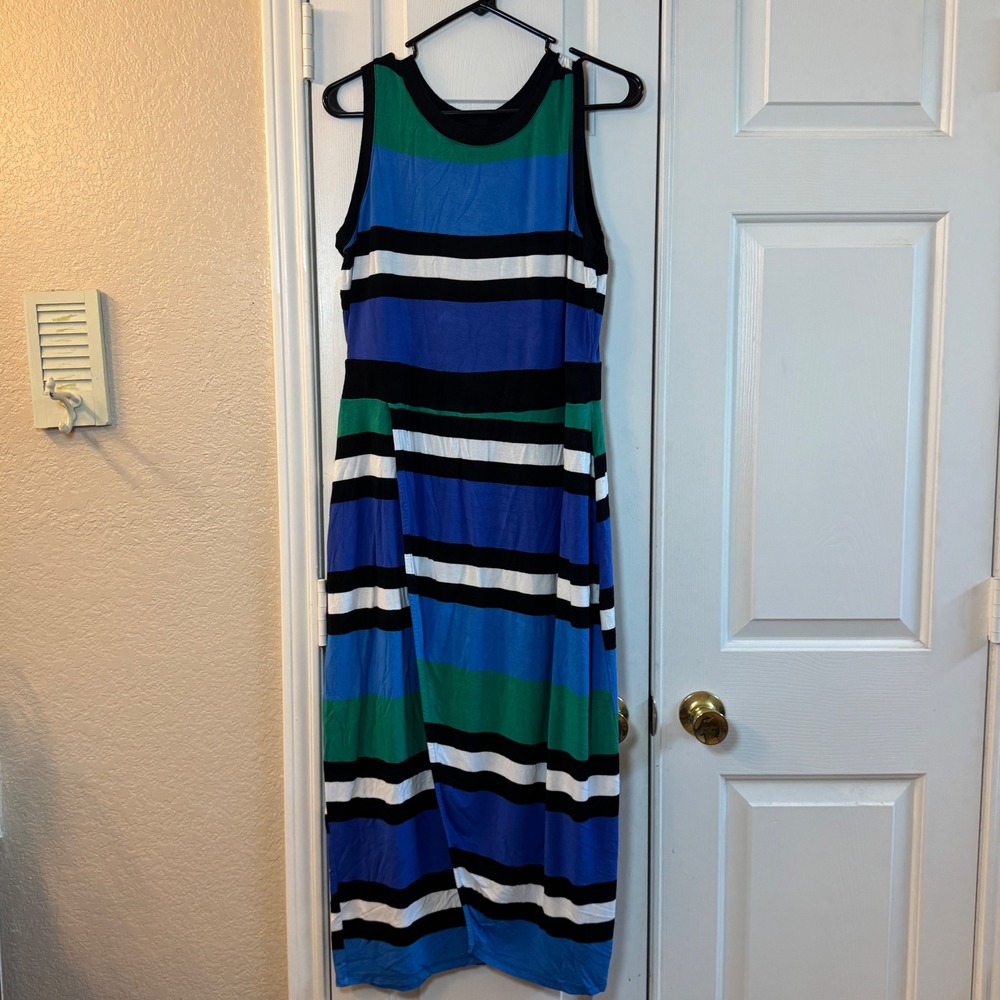 Lane Bryant Striped Blue, Black, & Green Striped Sleeveless Long Dress, Sz 14/16